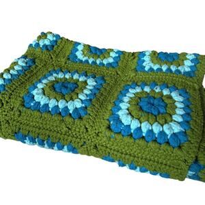 Handcrafted Green and Blue Crochet Throw Blanket